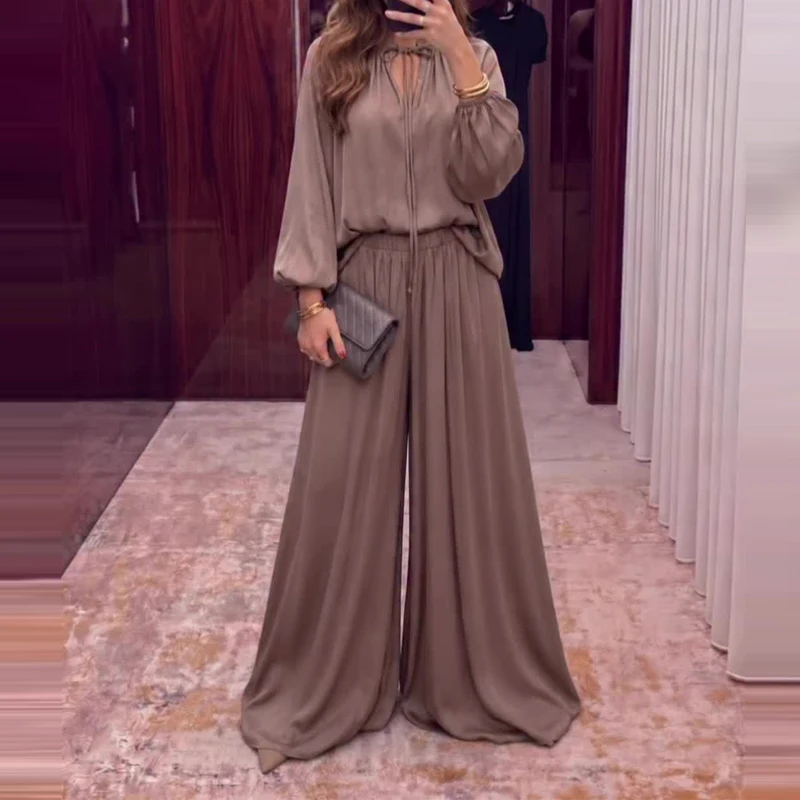 Fashion Solid Long Sleeved Loose Suit Casual Half High Collar Tie Up Cardigan+Pants 2pc Set Luxury Satin Office Commuting Outfit