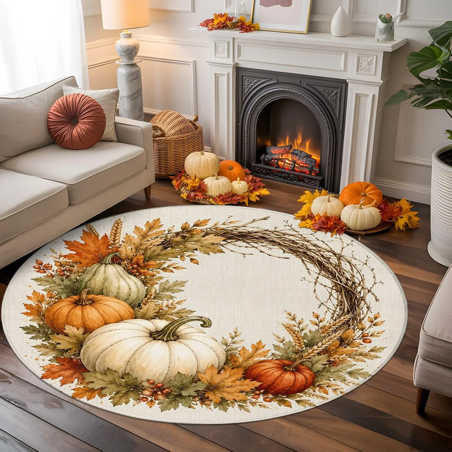5 Ft Round Rug for Bedroom, Thanksgiving Indoor Accent Rugs for Living Room, Fall Farmhouse Pumpkin Maple Leaves Wreath Decorative Circle Carpet Washable Low Pile Non Slip, Soft Rug for Dining Room