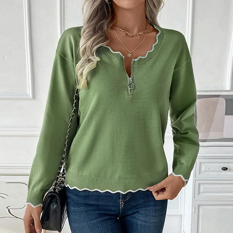 Pull tricoté vert à manches longues pour femme, demi-fermeture éclair, col en V, garniture festonnée, décontracté, coupe ample, mode quotidienne, automne hiver