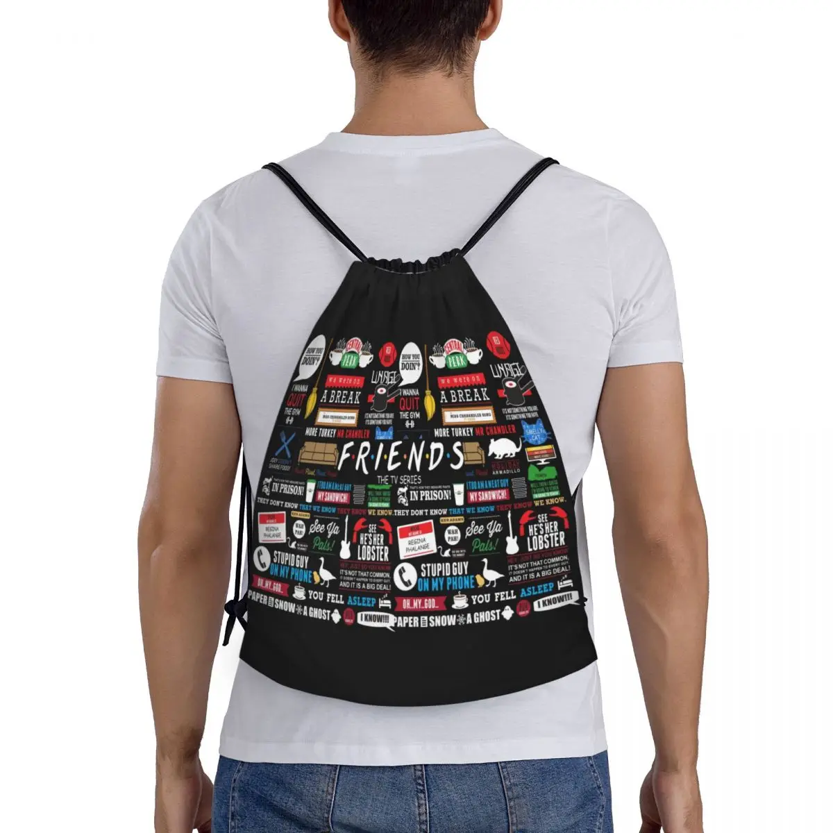 Mochila con cordón personalizable para hombre y mujer, bolsa ligera con diseño divertido de serie de televisión, Collage de amigos, gimnasio, deportes y entrenamiento