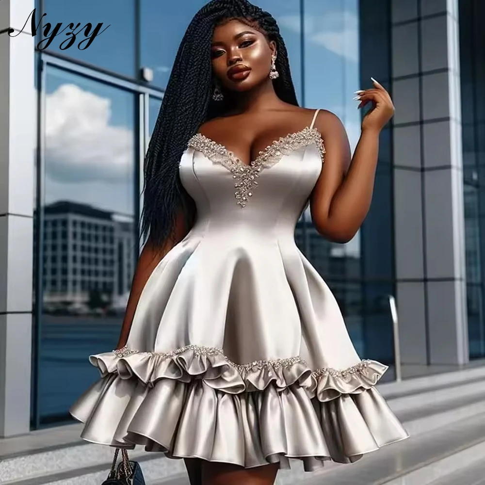 

NYZY C611 Customized Wedding Party Evening Gowns Satin Silver Crystals Cocktail Dresses Africa 2025