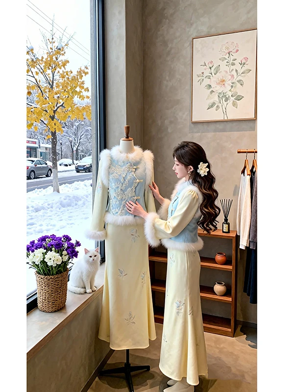 

Winter 2025 New Chinese Style National Fashion Set Improved Dress Furry Vest Elegant Two-Piece Set for Women