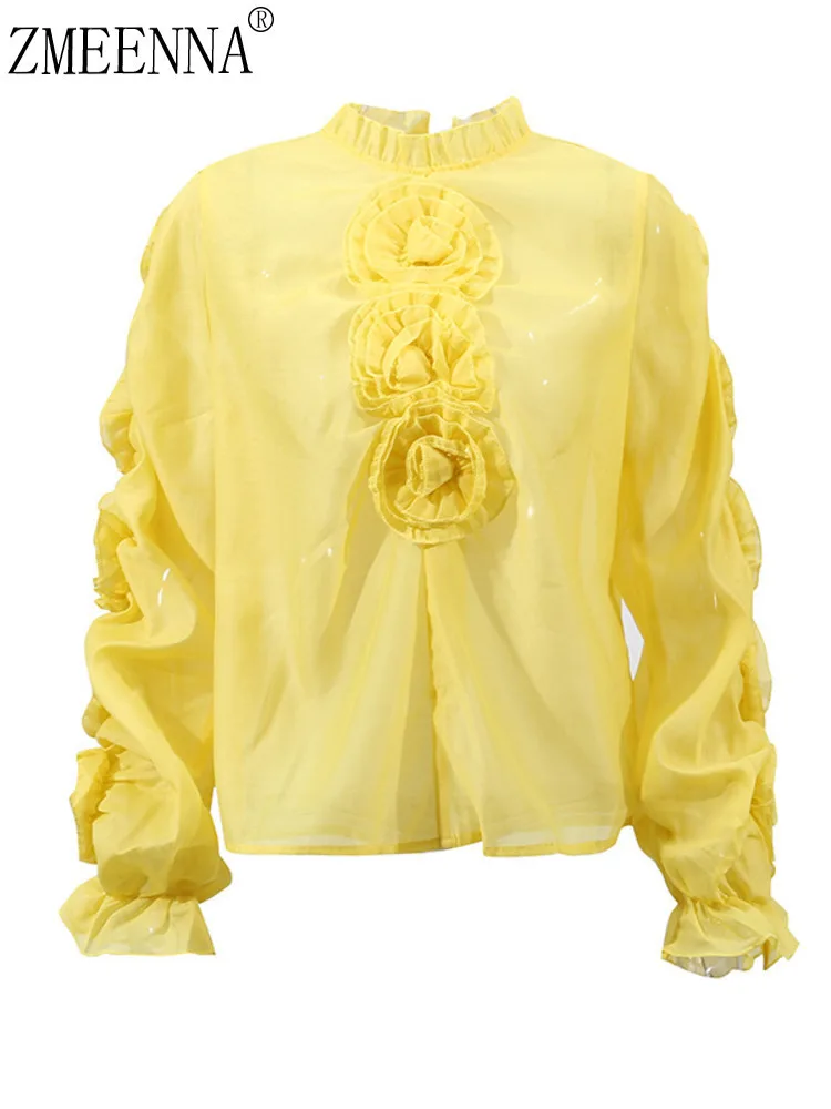 

ZMEENNA Women's Elegant Ruffle Long Sleeve Blouse Sheer Chiffon High Neck Floral Applique Top Lightweight Fashionable ZM3223