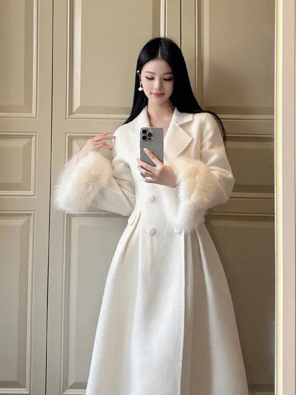 plus Size Women's Vintage Hepburn Style Woolen Coat Korean Version Straight Cut Long Sleeve Single Button Closure Medium Length