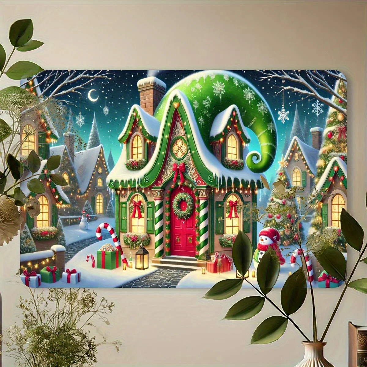 Vintage Christmas Cottage Metal Tin Sign, , Festive Indoor Outdoor Iron Wall Art, Holiday Hanging Decorative Foil Engraving for