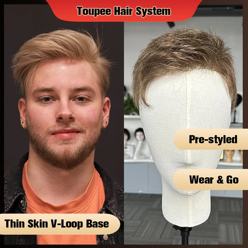 

V-looped Super Thin Skin Hair System For Men 0406mm NG 22R# Color Replacement Indian PU Human Hair Toupee Men's Wig Units Remy