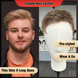 V-looped Super Thin Skin Hair System For Men 0406mm NG 22R# Color Replacement Indian PU Human Hair Toupee Men's Wig Units Remy