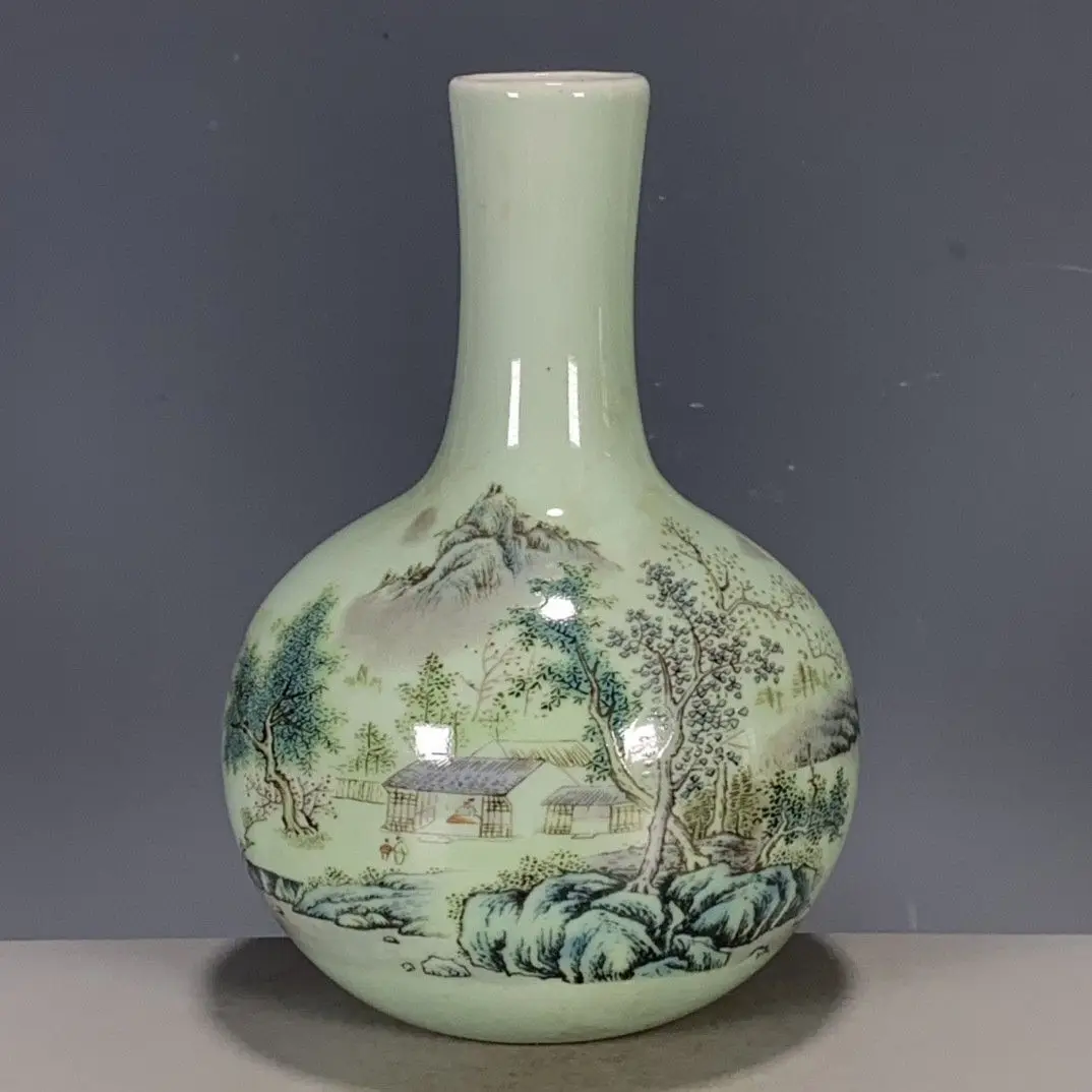 Chinese Porcelain Qing Tongzhi Bean Green Glaze Landscape Tianqiu Vase 6.57 Inch