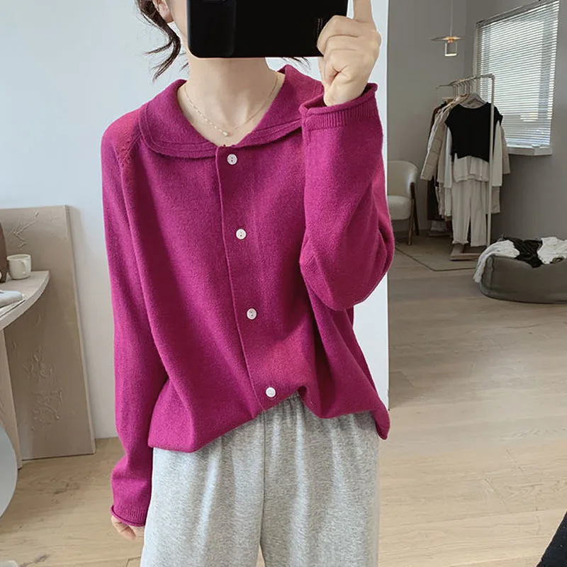 Solid Peter pan collar Button Cardigan Sweaters Young Style Casual Fashion Cute Autumn Winter Thin Loose Women's Clothing 2022