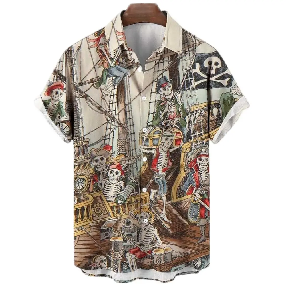 Men\'s Shirt Sailing Skull Print Shirts Hawaiian Fashion Casual Rock Print Plus Size Tops 2023 New Beach Men\'s Clothing Shirt