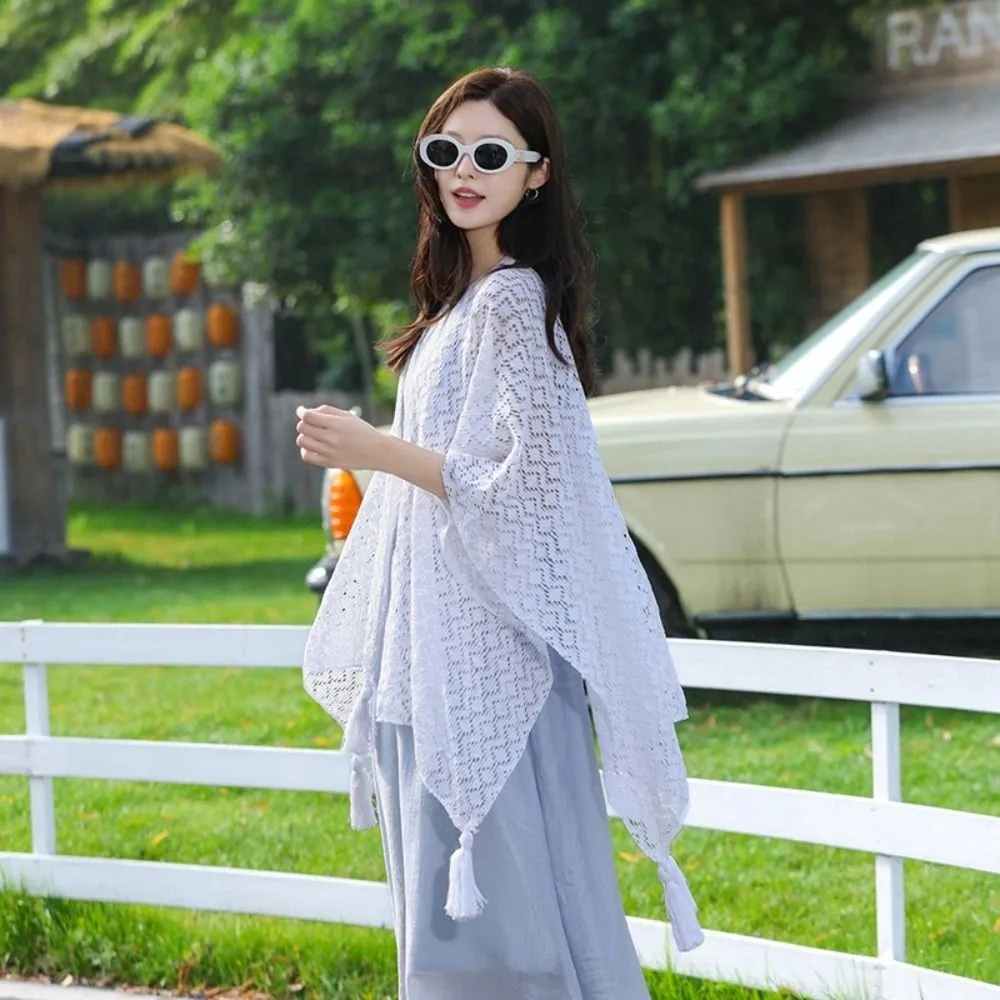 

Повседневный элегантный шаль с кисточками в этническом стиле, красочный полый солнцезащитный крем, вязаный крючком кардиган, тонкий пляжный шарф в стиле ретро, пляжный шарф