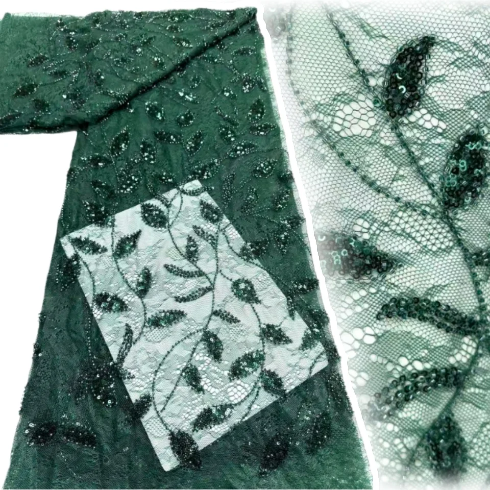 

Green African Sequins Beaded Lace Fabric High Quality Sequence Embroidery French Nigerian Lace Fabric for Wedding Dress 2072