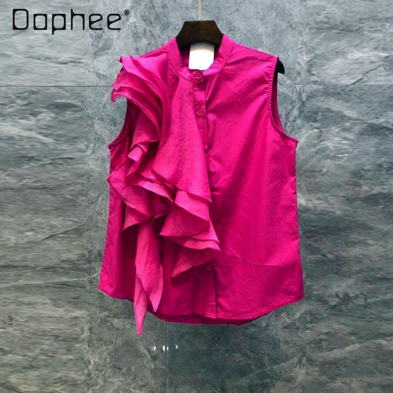 French Ruffled Stitching Rose Red Shirt for Women 2024 Summer New Elegance Sleeveless Stand Collar Blouse Female Fashion Tops