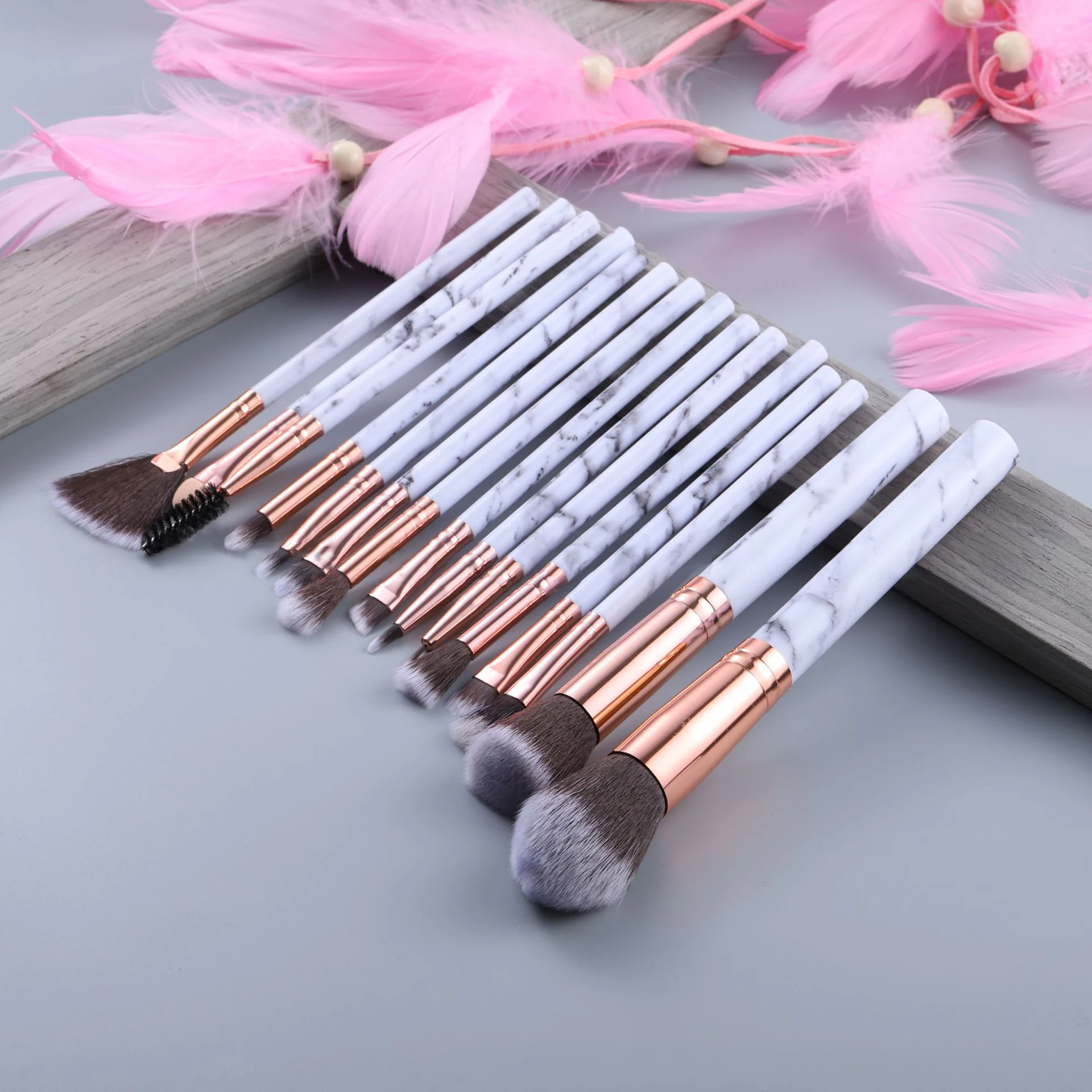 THINKSHOW 15Pcs Marble brush Set Cosmetic Powder Eye Shadow Foundation Blush Blending Beauty Make Up Tools