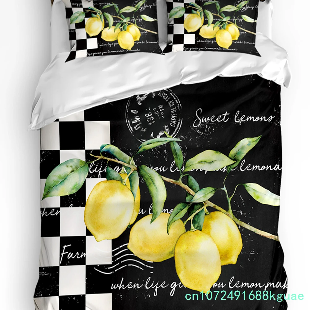 Vintage Farm Fruit Lemon Plaid Black Duvet Cover With Pillow Case Custom 3pcs Bedding Set Quilt Cover Double Bed Home Textile