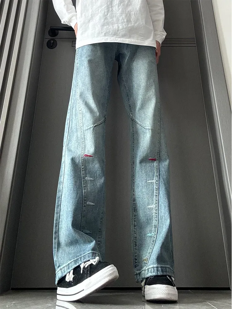Washed Blue Men's Knife  Jeans American High Street Embroidery Vibe Straight Leg Micro Flare Pants mid Waist Zipper Fly