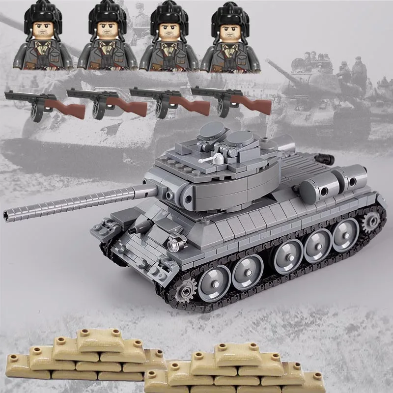 WW2 Military T34 Soviet Tank Building Blocks Armored Vehicle Model Figures Soldiers Weapons PPSH Army Guns Moc Bricks Kids Toys