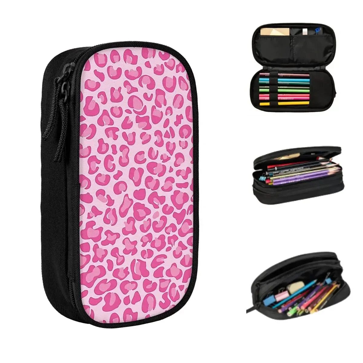 Pink Leopard Print Pencil Cases Large Storage Pen Bags Pen Box Pencil Pouch For Boys Girls Students Stationery School Office