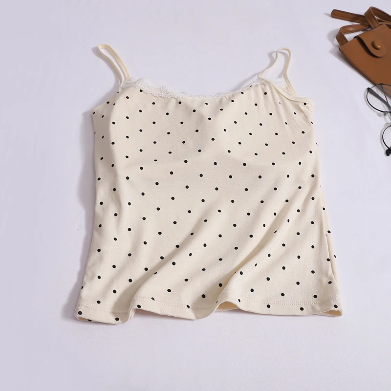 Women Summer Sweet Polka Dot Lace Edge Tank Tops Bow New Inner Layer Bottom Shirt With Bra Pad Slim Backless Sexy Basic Crop Top