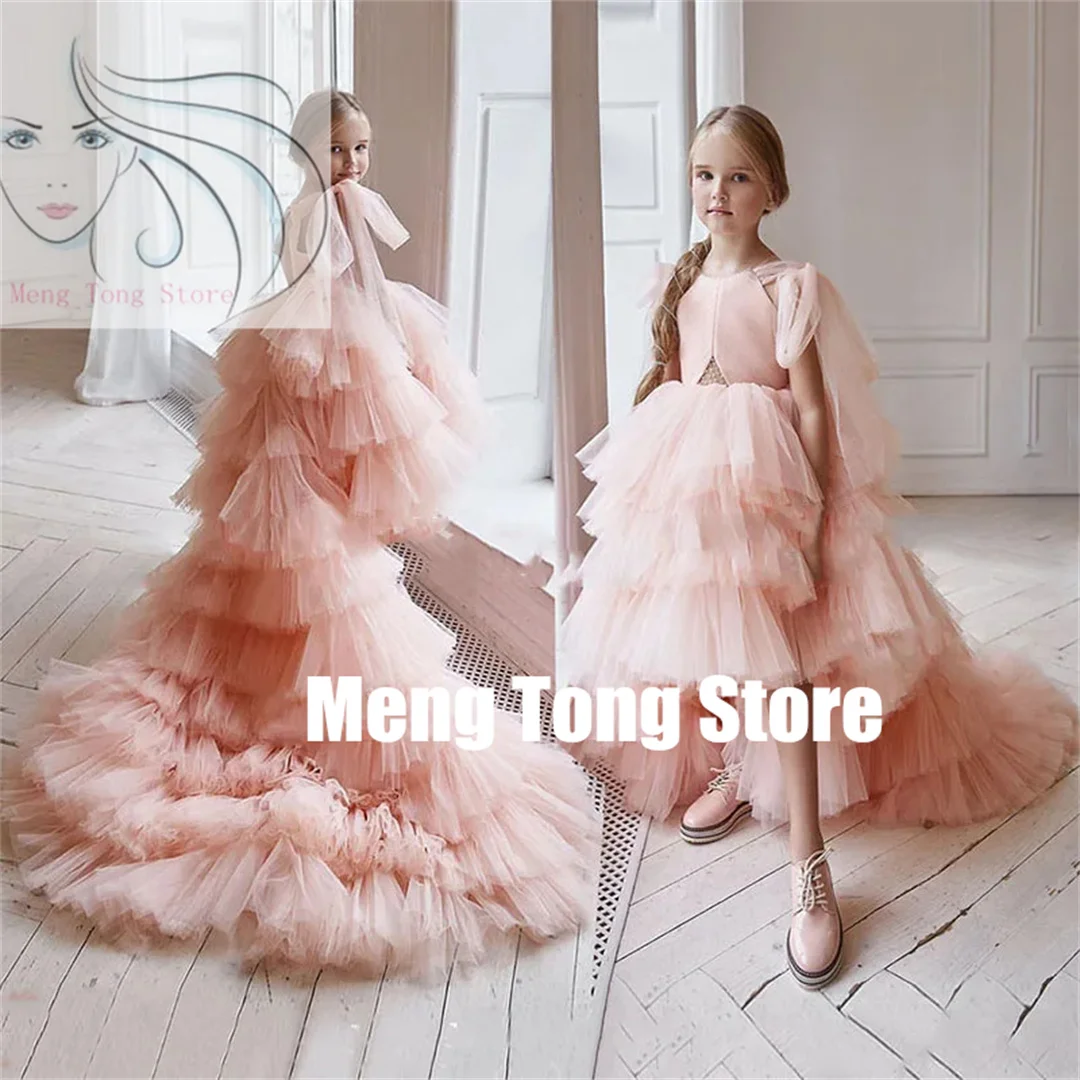 

Customized Tulle Layers Baby Girl Birthday Dress With Train Flower Girl Dress For Wedding Kids Princess Ball Gown Lush Dresses