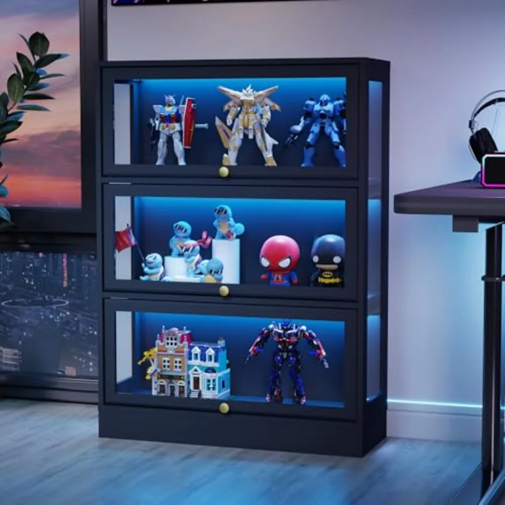 Display Cabinet with Acrylic Glass Doors,3-Tiers Curio Cabinet with LED Lighting for Collectibles, Collectibles Toy