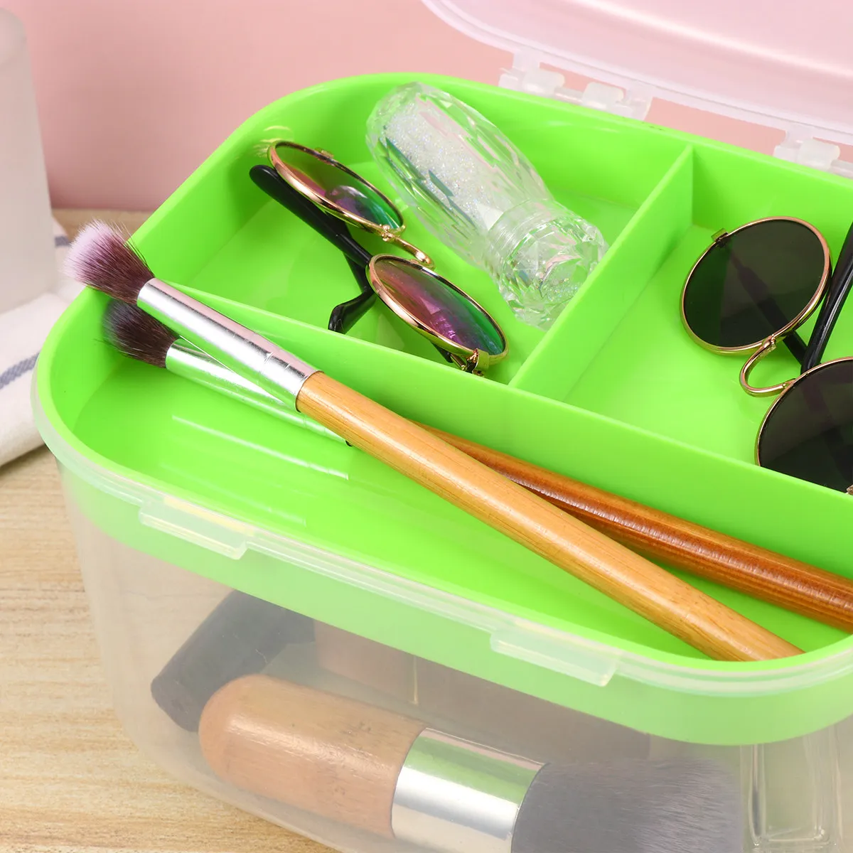 

Double Layers Portable PP Cosmetics Storage Box Small Pill Organizer Case Handle Transparent 16Cm Length 12.8cm Width 11.6cm