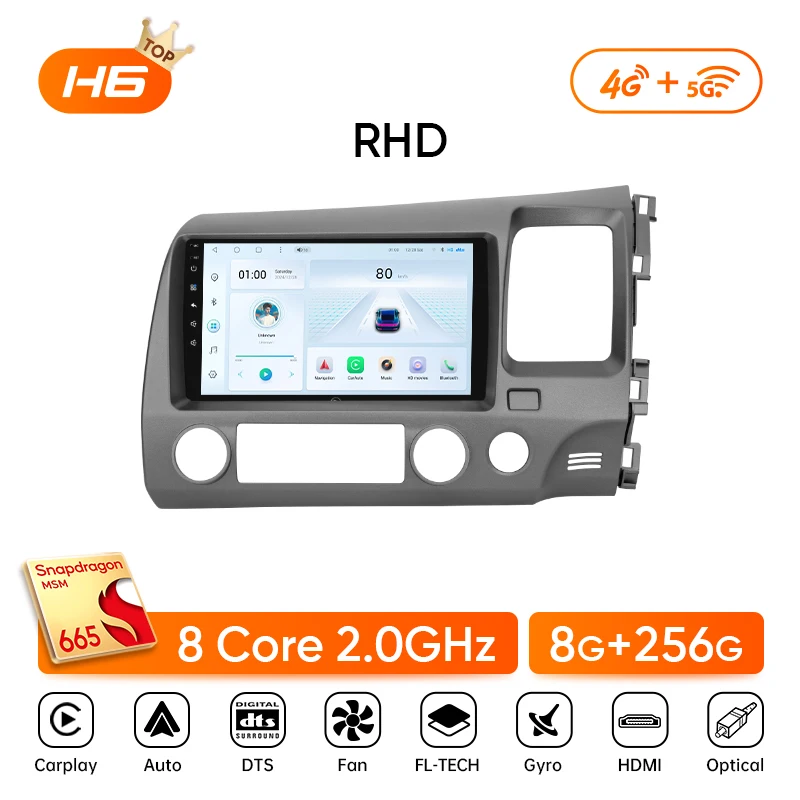 Ainavi autoradio voor Honda Civic 8e generatie (2005-2011) multimedia draadloos CarPlay Android Auto