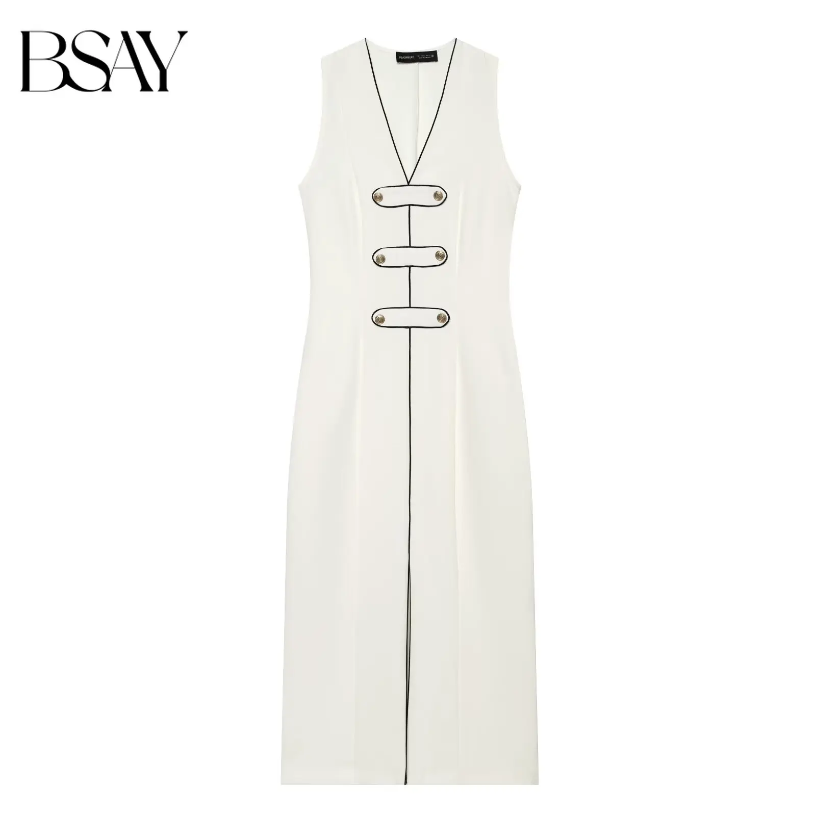 BSAY 2026 Women Sleeveless Midi Dress V Neck Contrast Piping Button Detail Split Front Bodycon Dress Elegant Office Tank Dress