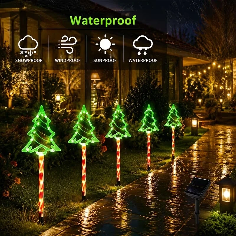 5-in-1 Solar Green Christmas Tree Garden Lights Outdoor Waterproof 8 Modes Warm White LED Candy Stake Lights Yard Holiday Decor