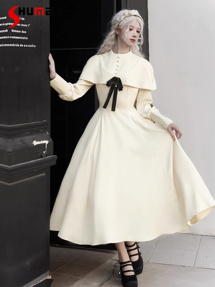 

Original Court Gothic Elegant Lolita Op Stand Collar Tie Long Dress Halloween High Waist A-line Simple Temperament Dress Women