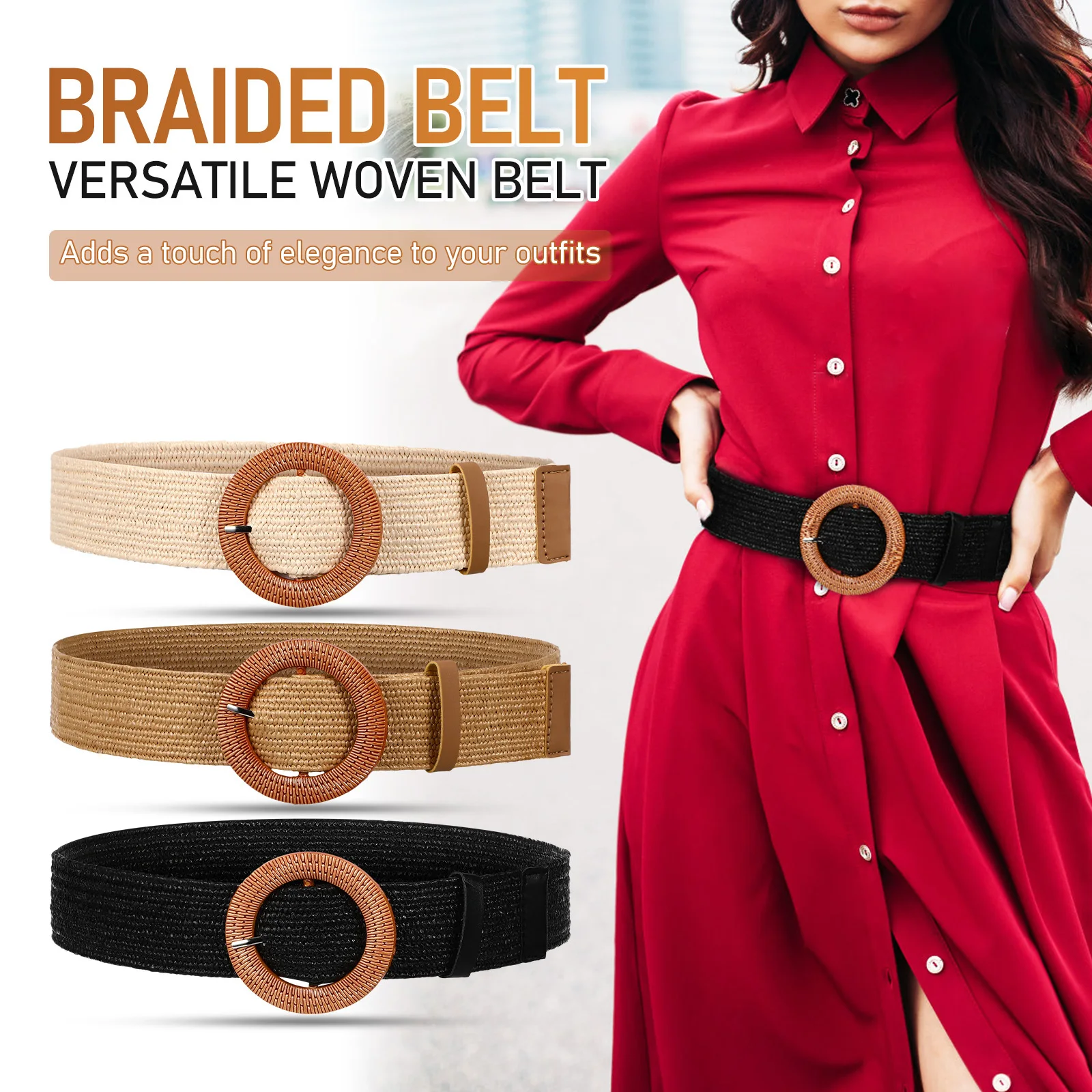 

3Pcs Belts for Women Woven Braided Wide Waist Band Fashionable Round Buckle Versatile Match for Dresses Jeans Outfits