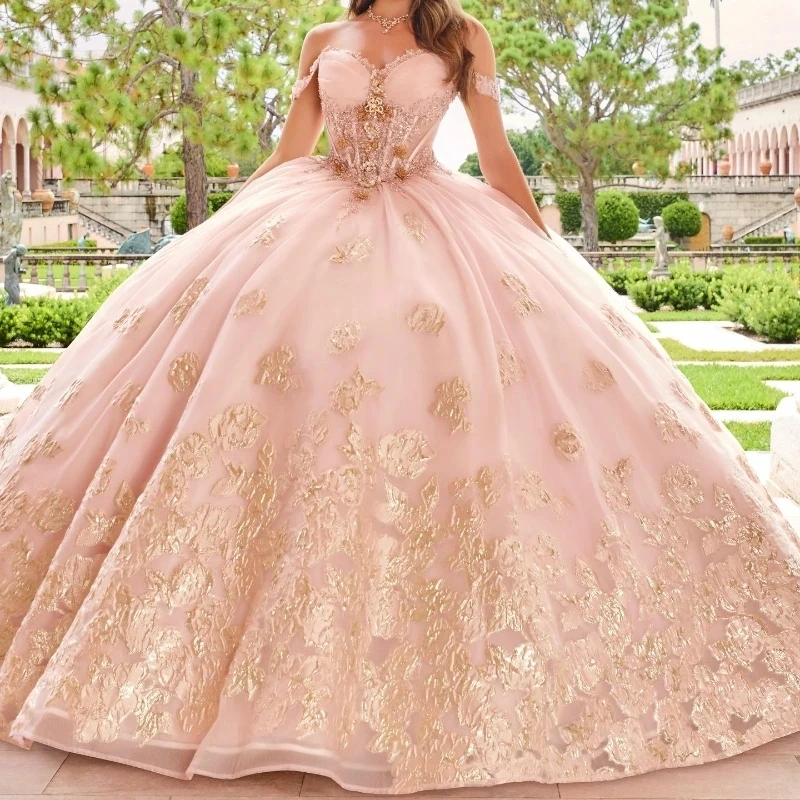 Pink Sweetheart Quincenara Dresses Ball Gown Off the Shoulder Gold Appliques Lace Tull Sweet 15 Vestidos De XV Años