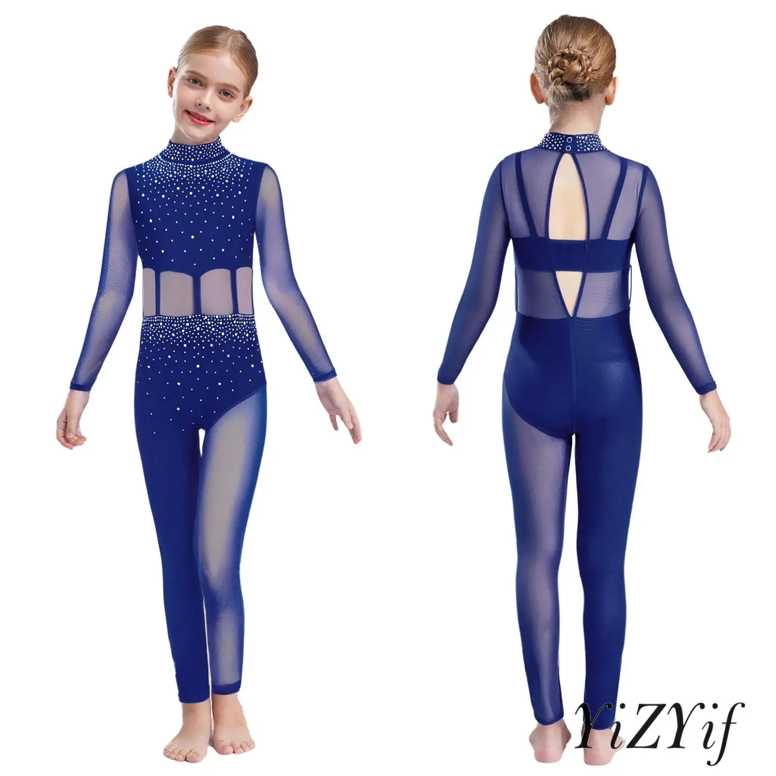

Girls Figure Skating Dance Costume Ballet Dance Body Leotard Mock Neck Long Sleeve Keyhole Back Rhinestones Gymnastics Jumpsuit
