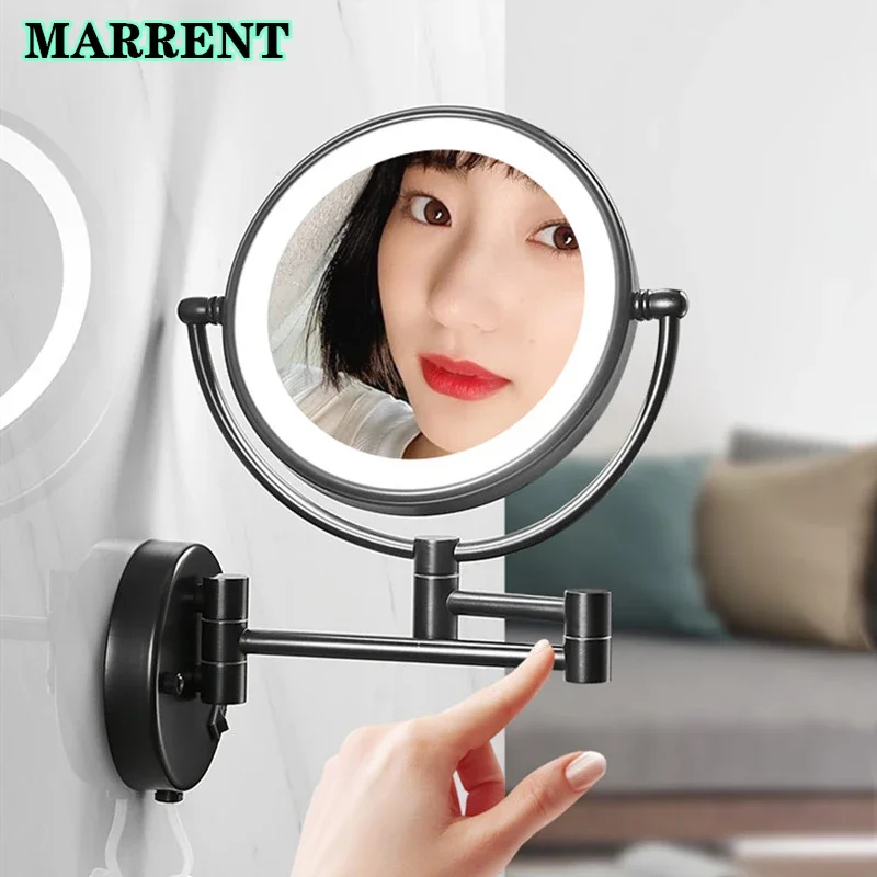 

LED Bathroom Mirror MARRENT Quality Brass Double Face Bathroom Makeup Mirror Wall Mounted Matte Black Magnifying Bathroom Mirror