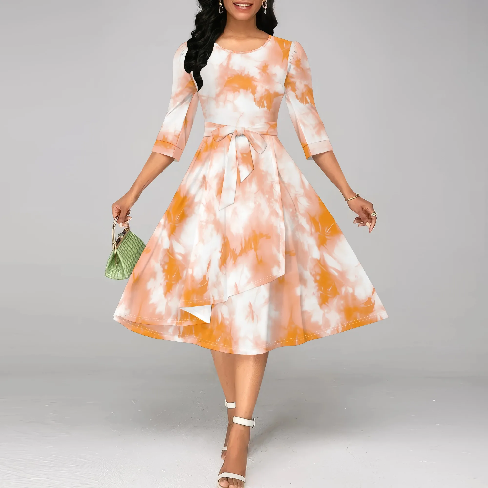 

EQQZD Three-Quarter Sleeve Dress Standard Size, Colorful Tie-Dye Print Crew Neck Midi Dress, Causal Loose Dress