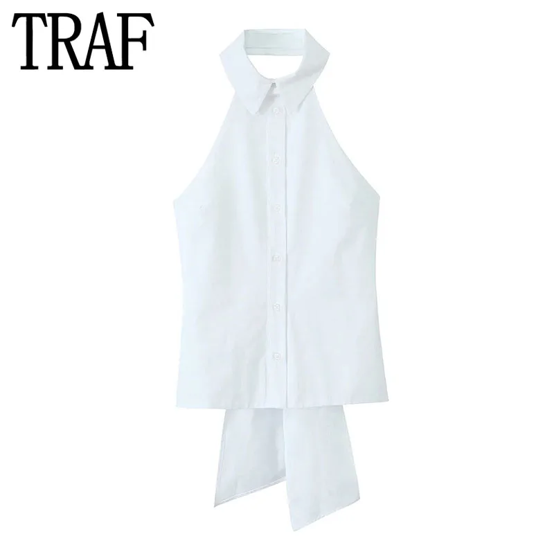 TRAF Off Shoulder Halter Top Female Tied White Sleeveless Backless Top Women Streetwear Summer Short Sexy Tops Woman 2024