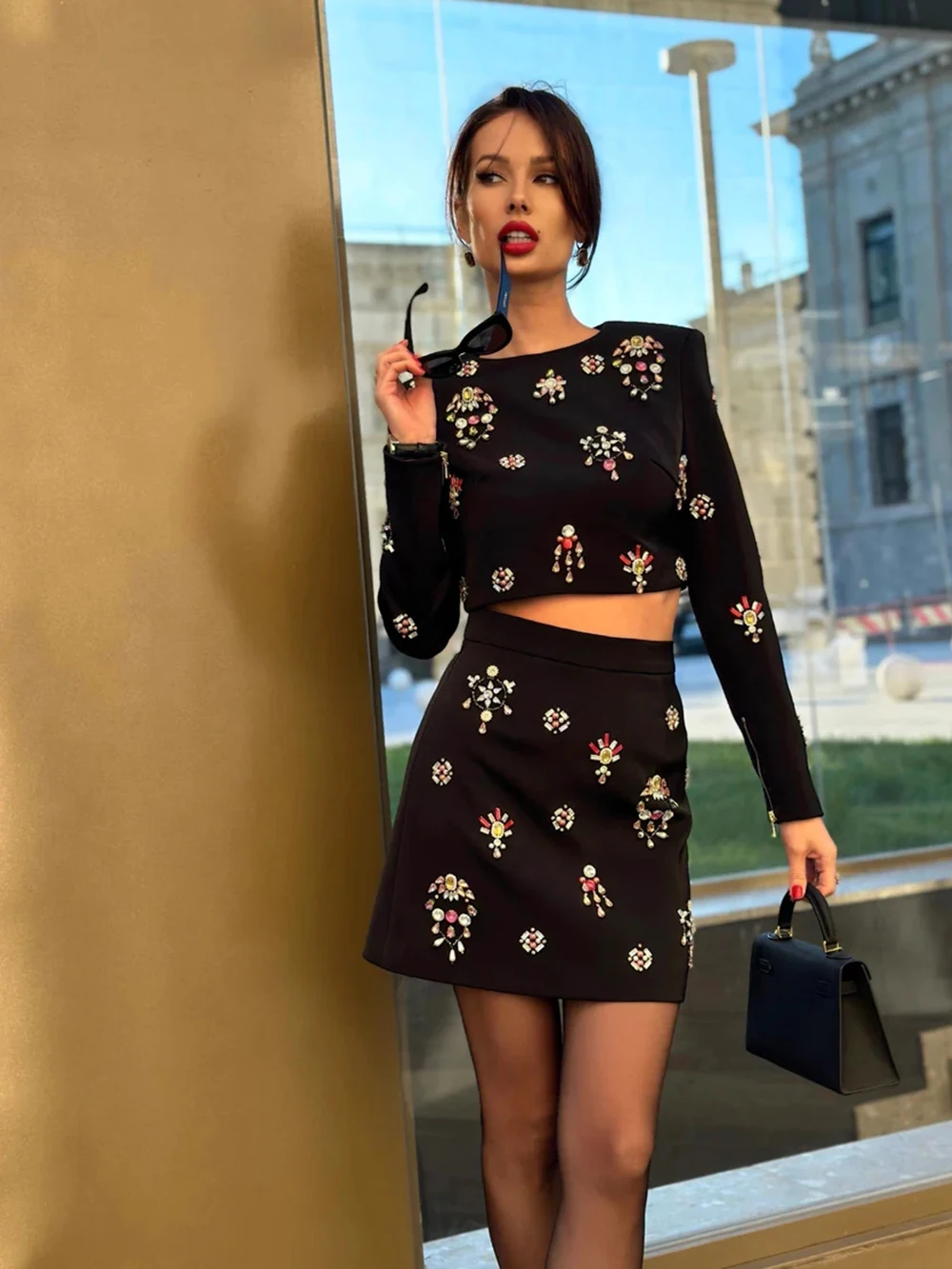 2023 Autumn New Women\'s Black Sexy Heavy Industry Beaded Diamond Long Sleeve Short Top&High Waist Skirt Two Piece Party Set