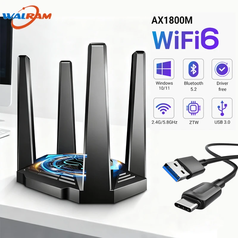 

WALRAM AX1800 WiFi 6 USB 3.0 Adapter Dual Band 2.4G/5Ghz Network Card Wireless Desktop BT5.2 802.11AX Driver Free Win10/11