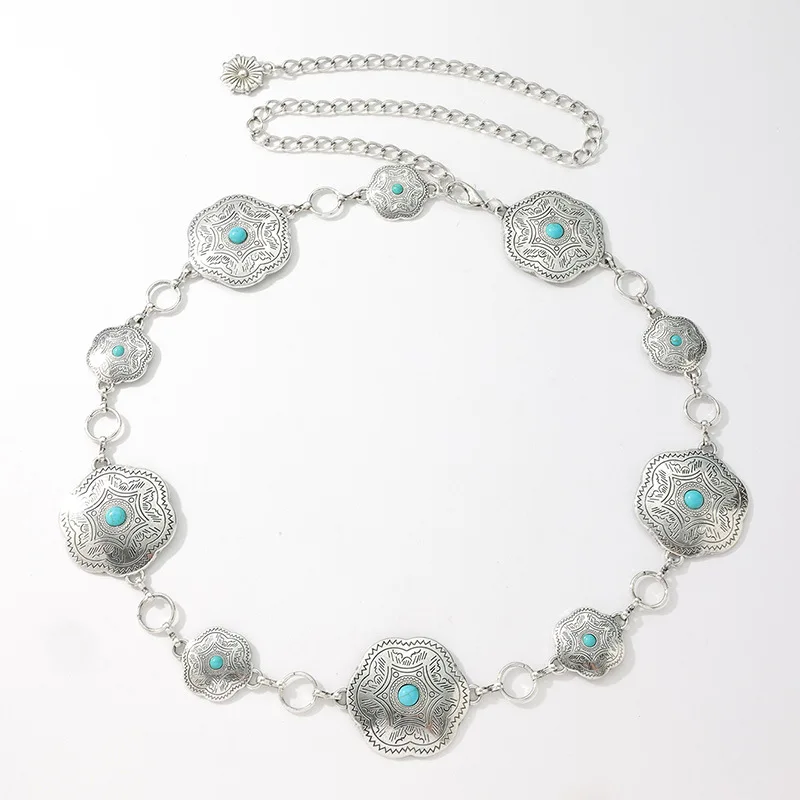 Ladies Flower Turquoise Western Aesthetic Bohemian Everything Stylish Metal Texture European and American Waist Chain