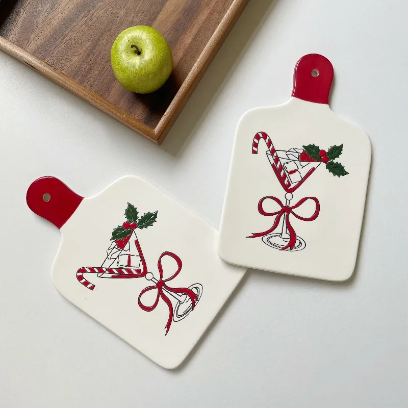 Christmas Themed Ceramic Tray Cocktail Candy Cane Print Handle Plate Xmas Table Cheese Bread Serving Platter trays decorative
