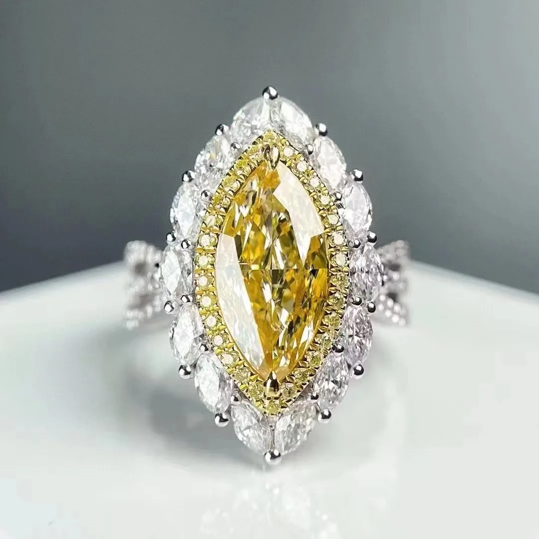 

SGARIT 18K Gold 2 Carat Set Horse Eye Yellow Moissanite Diamond Halo Ring Clarity VVS GRA Pendant Ring for Engagement Jewelry