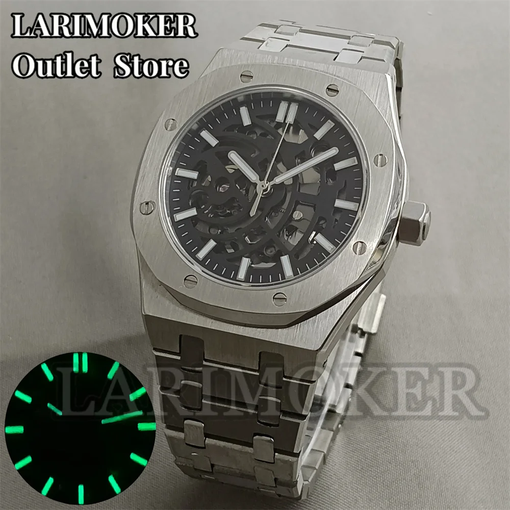 LARIMOKER 41mm men\'s watch Stainless steel case Stainless steel strap sapphire glass, using NH72 Hollow out movement