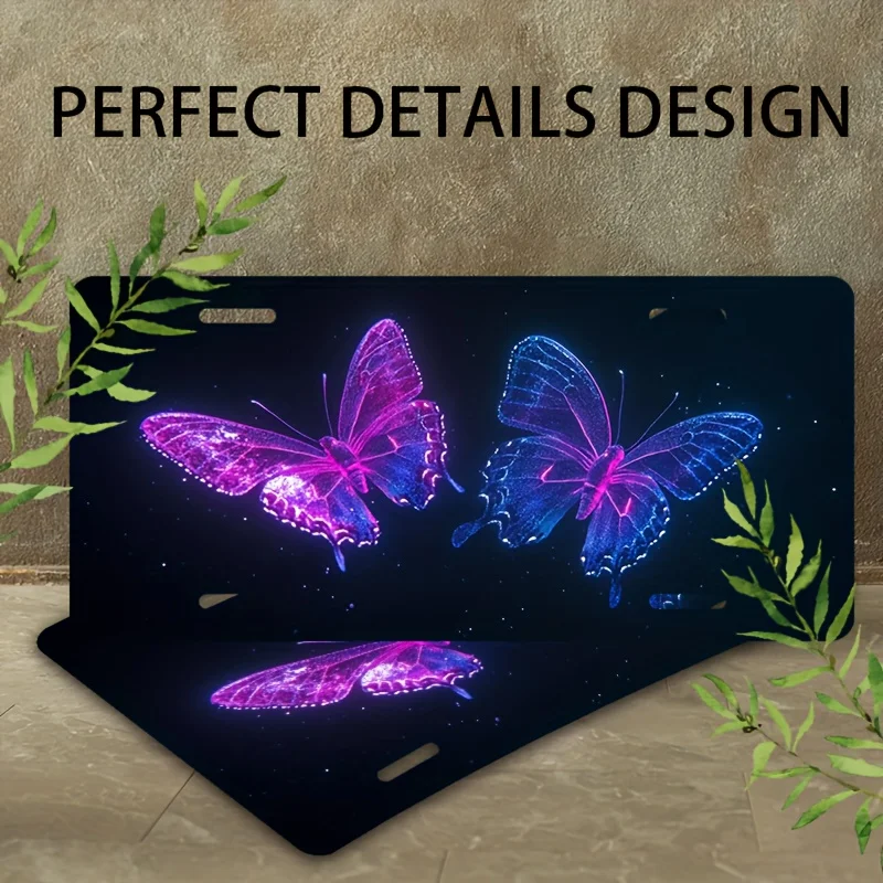 2D Flat, 1pc 2D Flat Neon Butterfly Front License Plate, Aluminum License Plate Cover and Frame, Fun Novelty Standard Plate Deco