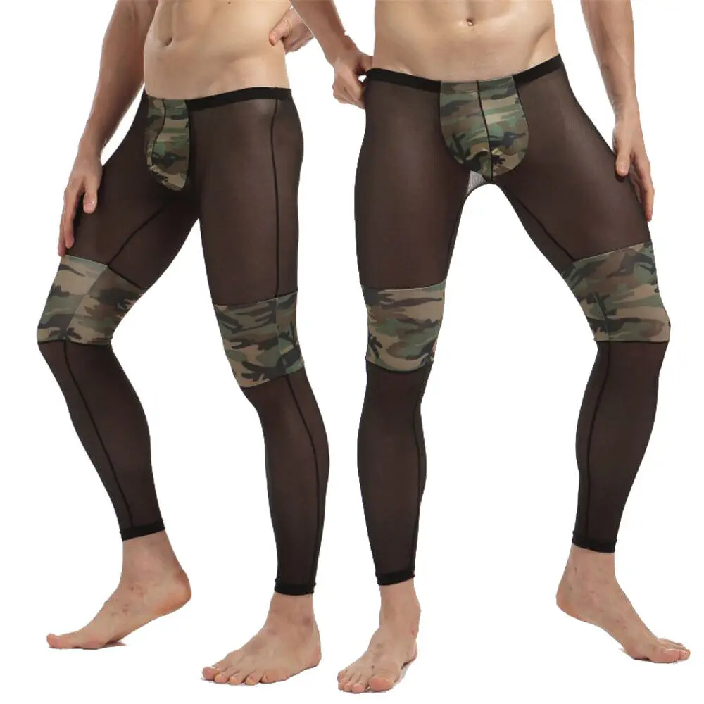 Mens Sexy Mesh Camo Long Johns Ultra-Thin Sheer Leggings Underwear Low Rise Sleep Bottoms Home Ropa Interior Hombre Pajama Pants