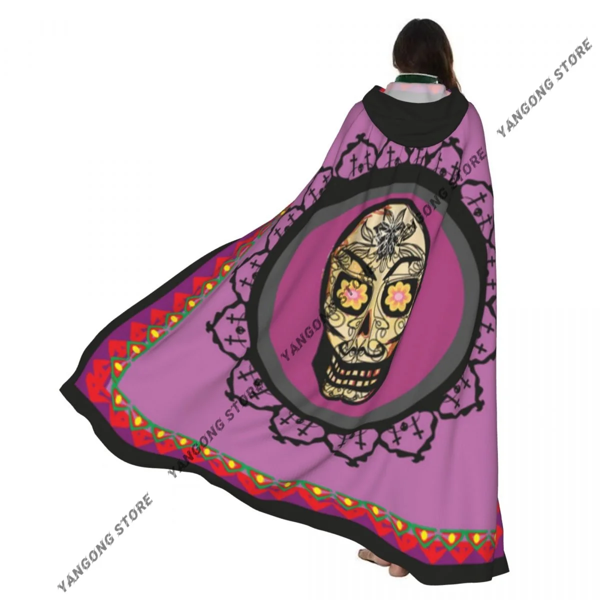 

Adult Vampire Cape Hooded Robe Mexican Skull Halloween Cloak Full Length Cosplay