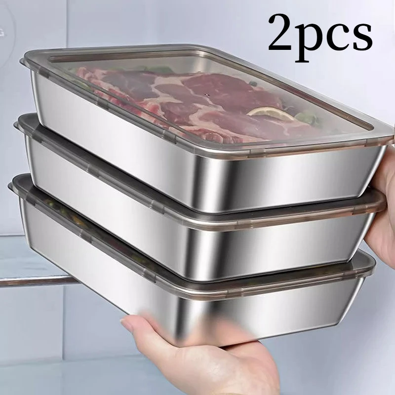 2pcs Stainless Steel Food Storage Container Rectangle Dish with Cover Noodles Fruit Tray Lunch Box Thick Refrigerator Plate