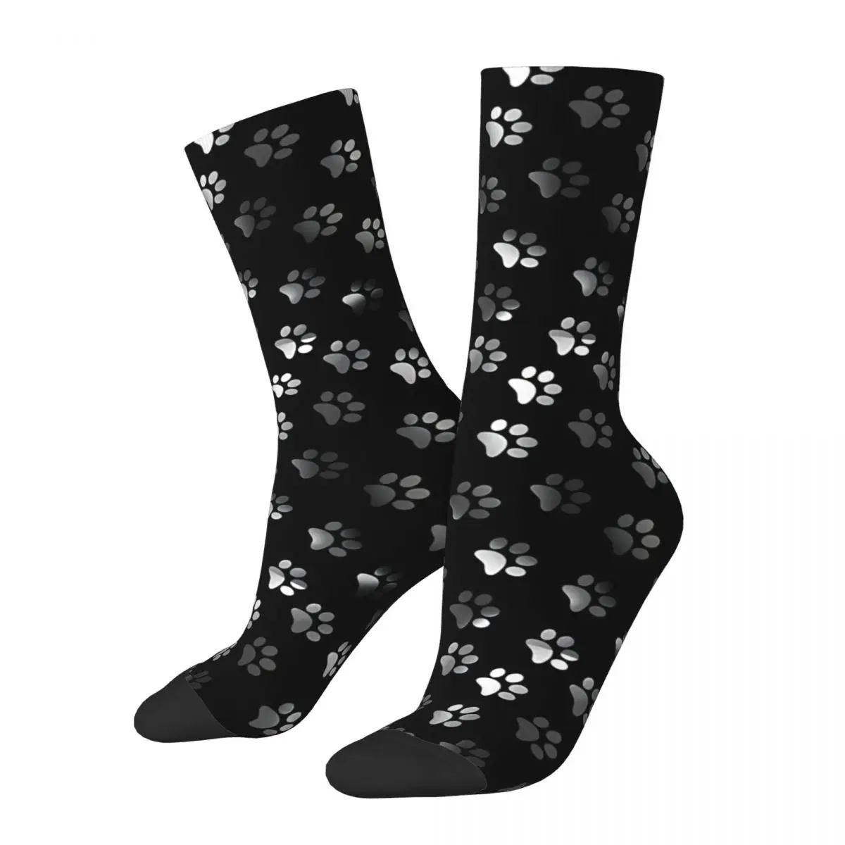 Funny Crazy Sock for Men Black And Silver Paw Prints Harajuku Dog Paw Breathable Pattern Printed Crew Sock Seamless Gift