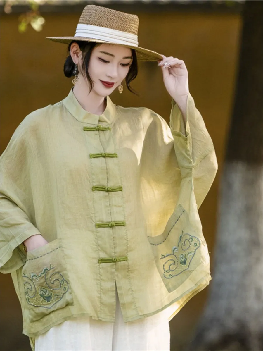 

Свободный крой, женская льняная одежда с вышивкой в национальном стиле, большие размеры, новая китайская одежда на пуговицах, офисная одежда, летняя тонкая