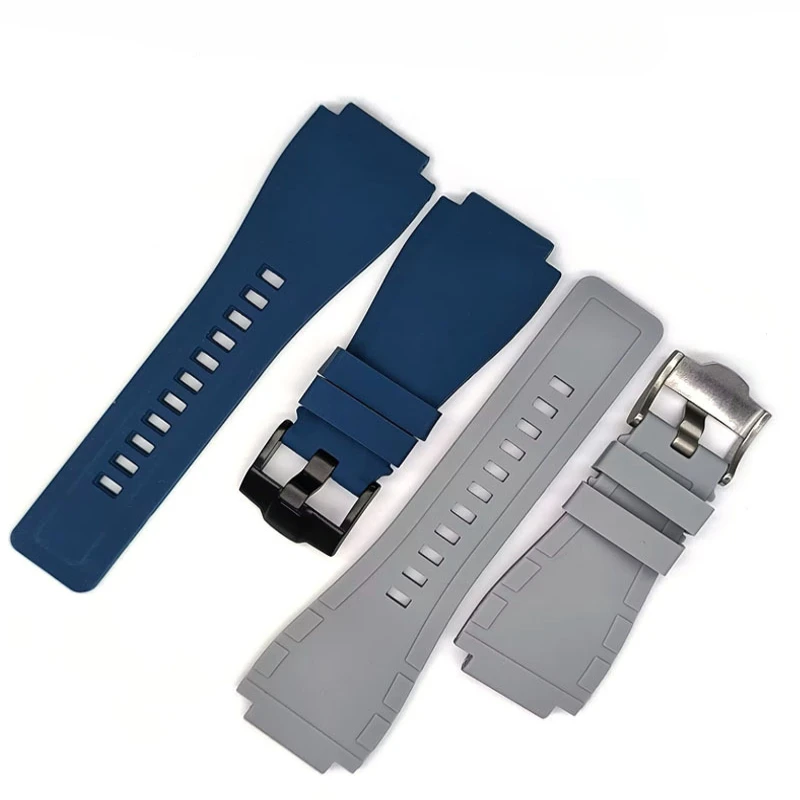 Durable Black Convex Mouth Silicone Rubber Watchband 24mm Blue Pin Clasp Logo Strap Fit For Bell Ross BR01 BR03 Watch Stock Sale
