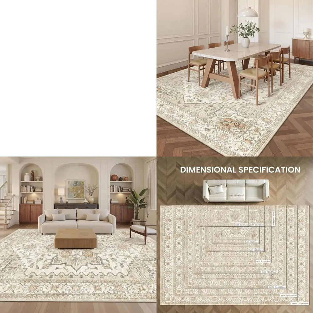 

8x10 Neutral Stain-Resistant Washable Rugs for Living & Dining Rooms, Vintage Style Non-Slip Large Area Rugs, Gold Printed Home